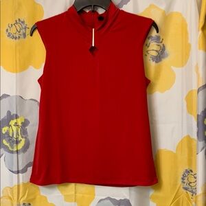 Tahari Red Sleeveless Fitted Tank Top with Mandarin Collar